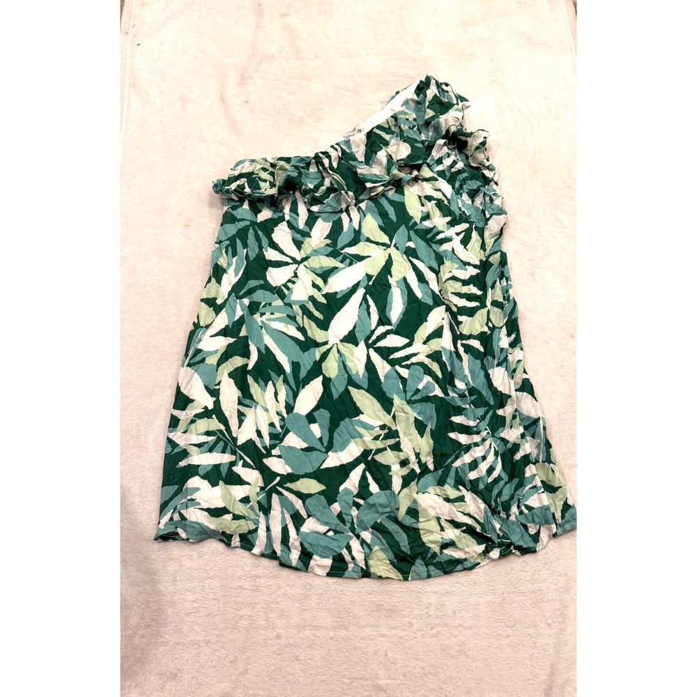 Emily Wonder Green Tropical Leaf Ruffle One Shoulder Mini Dress Womens 2X NEW